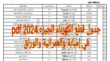 جدول قطع الكهرباء الجيزه pdf 2024 في إمبابة والعمرانية والوراق